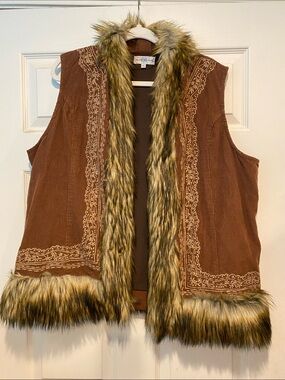 House of Skye Embroidered Corduroy Vest with Faux Fur Trim - Brown